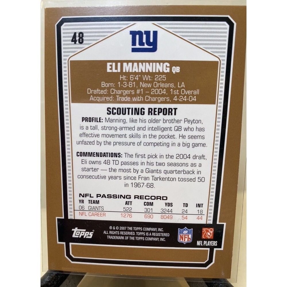 2007 Topps Eli Manning DPP #48 NM-M New York Giants Football NFL‎ Trading Card - Picture 2 of 2